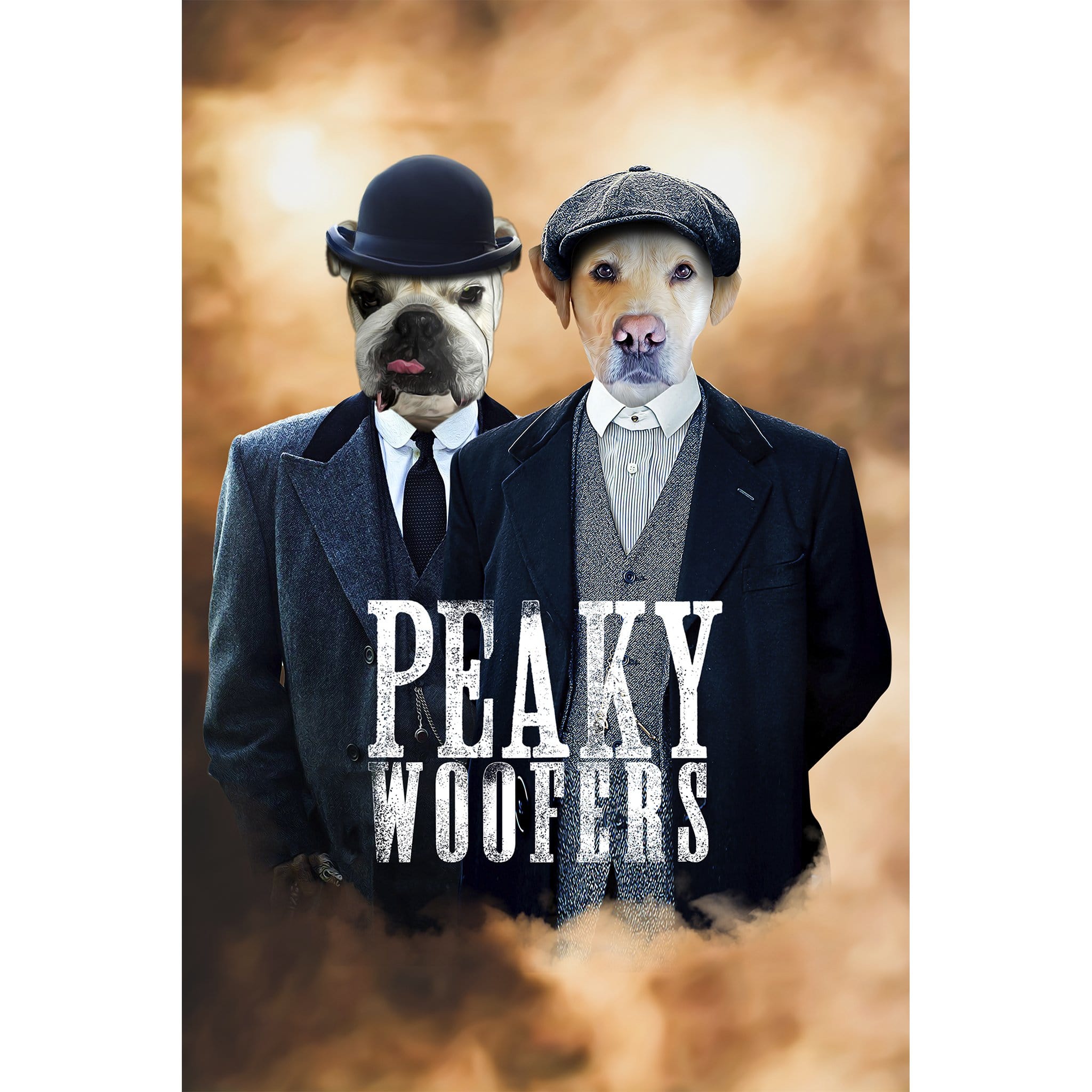 Custom digital portrait of two dogs dressed in "Peaky Woofers" style suits and hats.