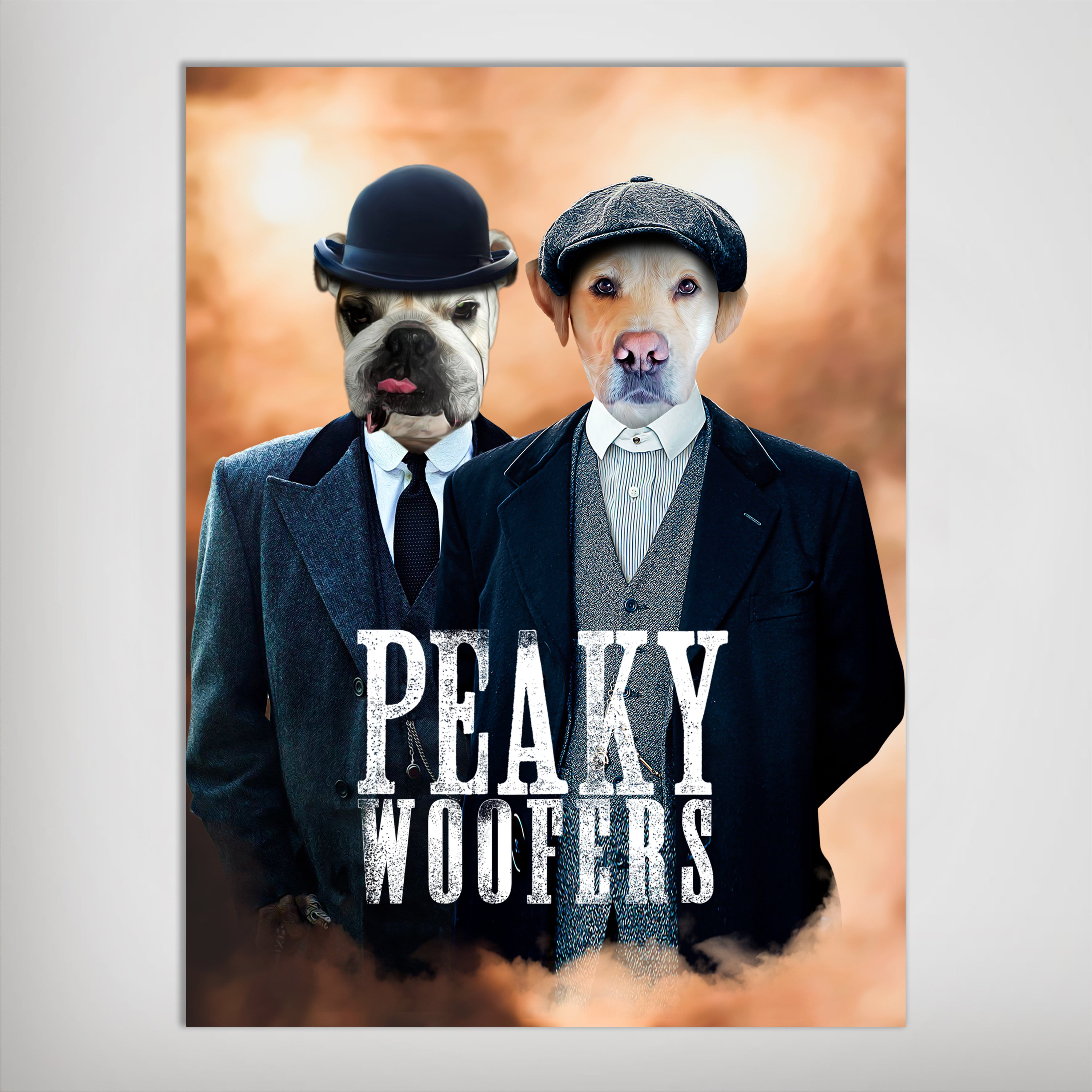 Custom "Peaky Woofers" poster featuring two pets in vintage suits and hats against an orange sky.