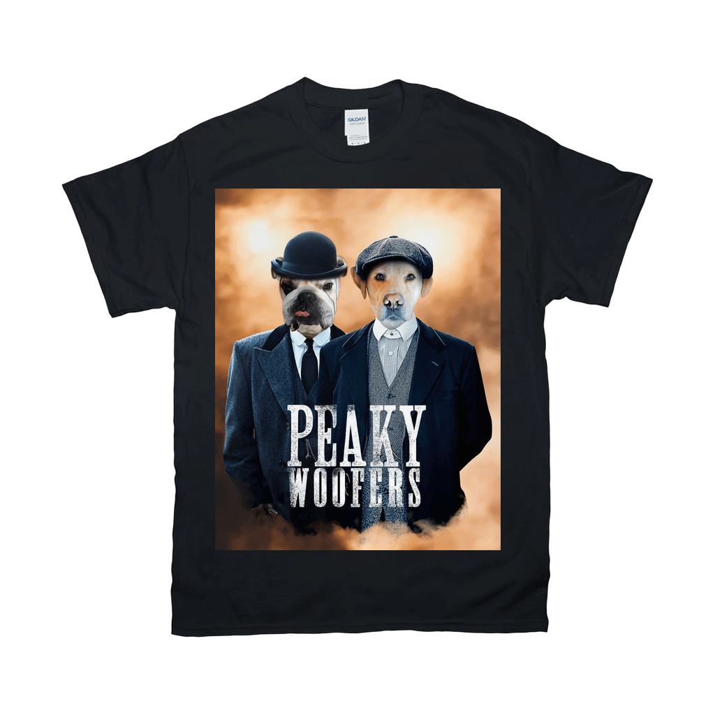 Black Gildan t-shirt with a "Peaky Woofers" design featuring two dogs in suits and hats.