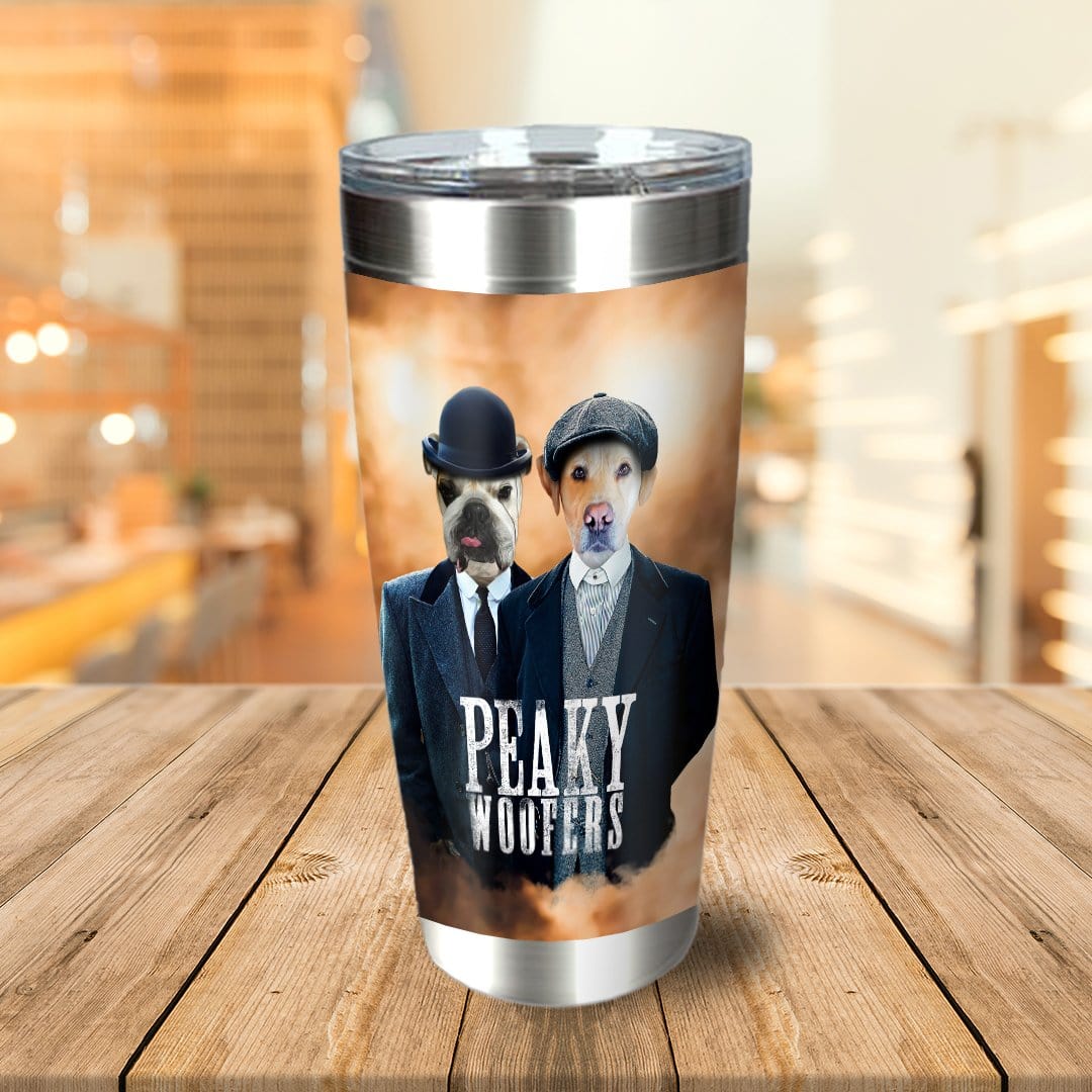 Custom stainless steel tumbler with two personalized dog portraits in "Peaky Woofers" style.