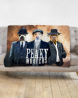 Personalized "Peaky Woofers" custom blanket featuring three dogs in renaissance-style suits.