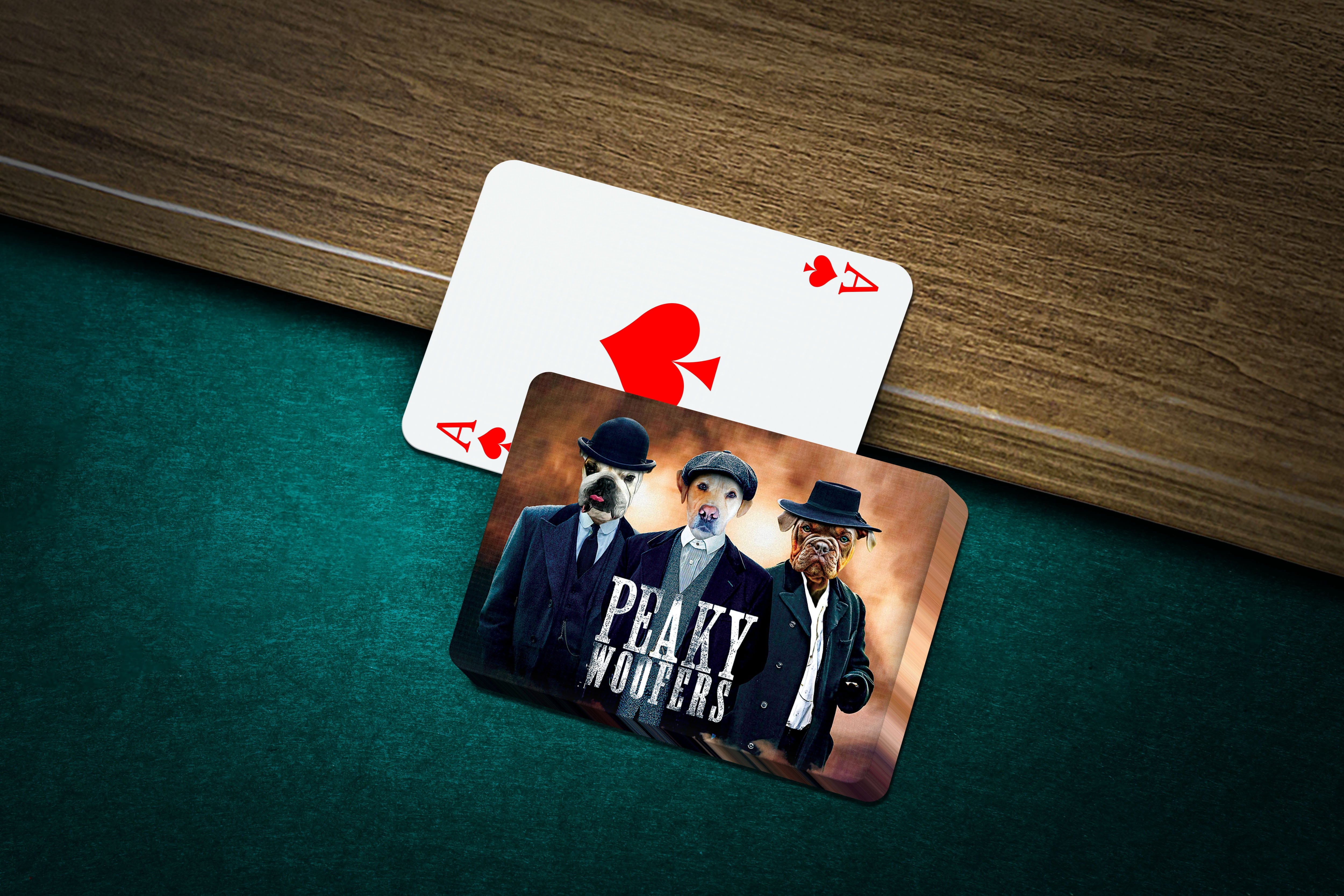 Custom "Peaky Woofers" playing cards featuring three personalized pet portraits in suits.