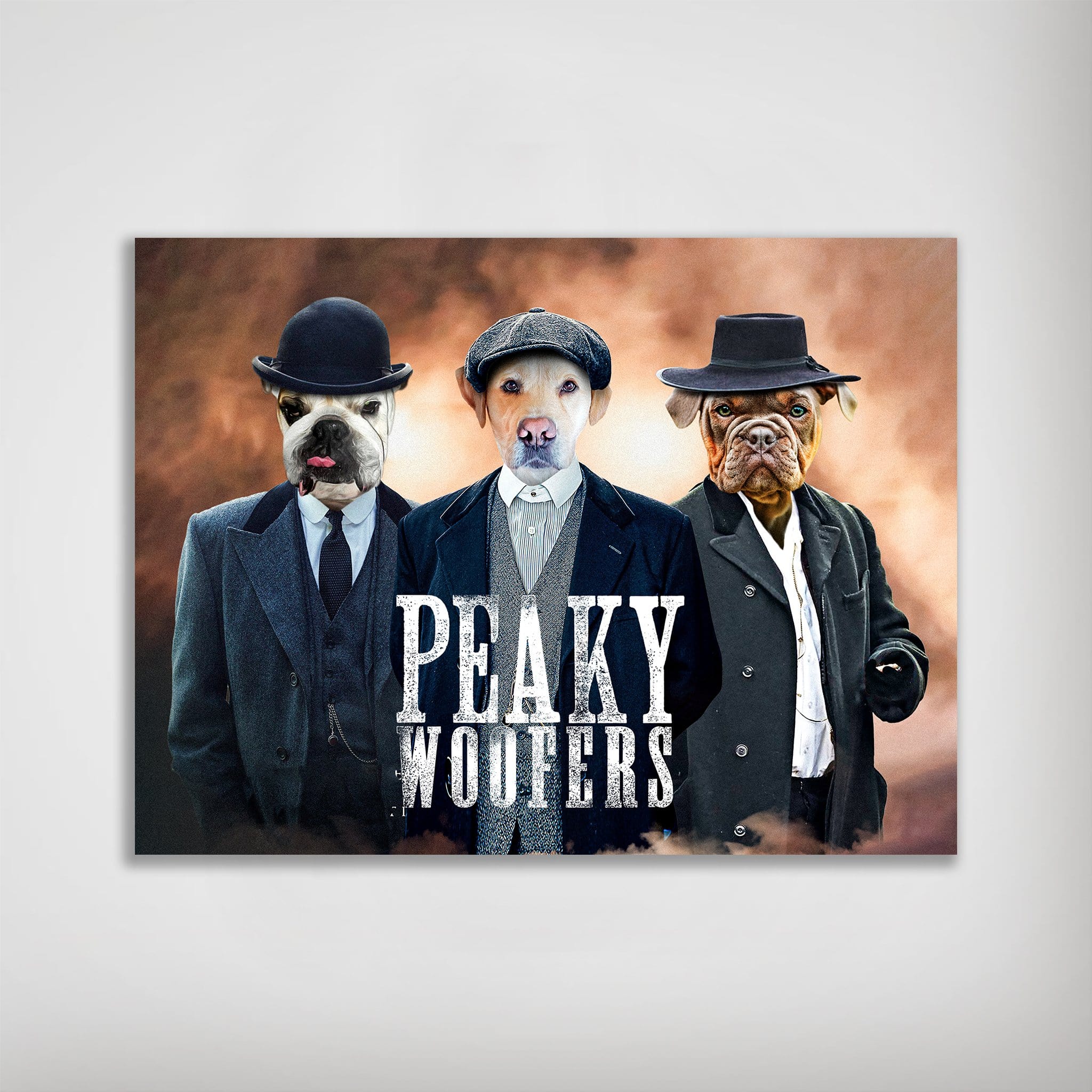 Personalized "Peaky Woofers" poster featuring three pets dressed in vintage suits and hats.