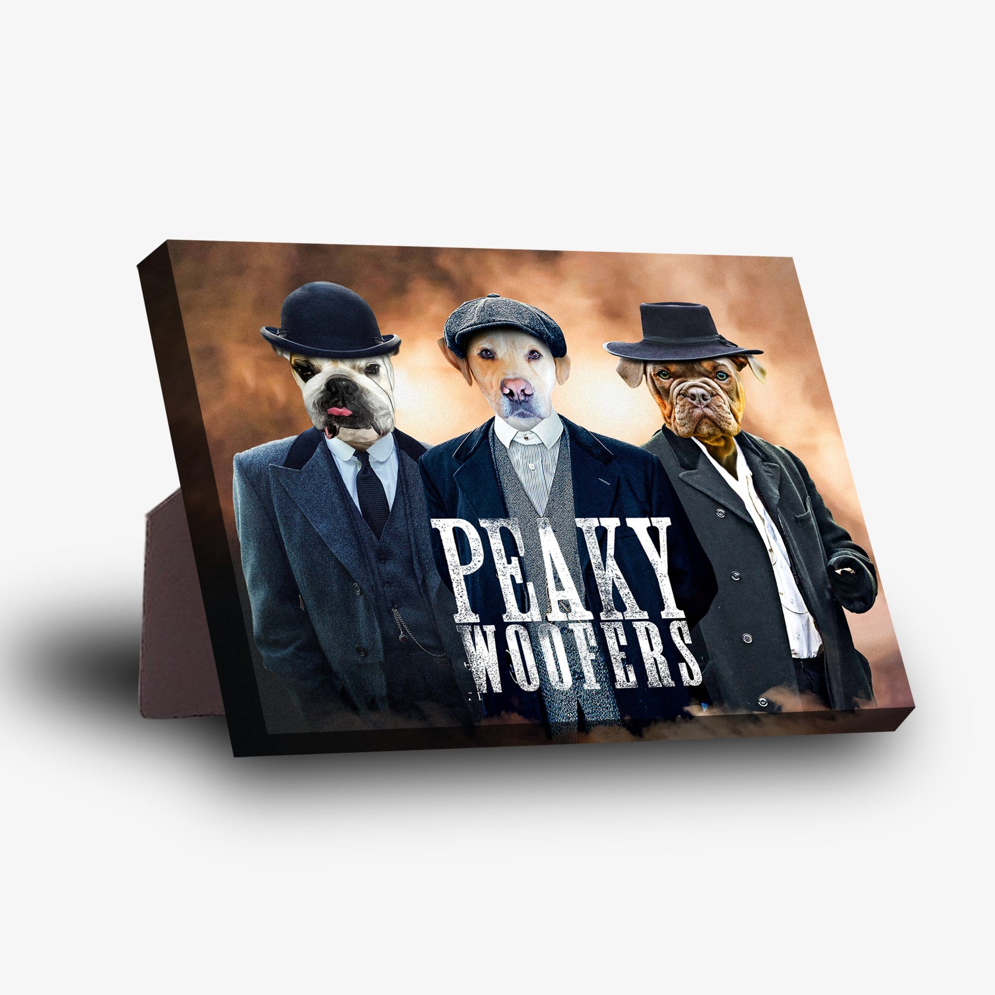 Personalized 'Peaky Woofers' standing canvas featuring three pets in vintage suits and hats on a dark background.
