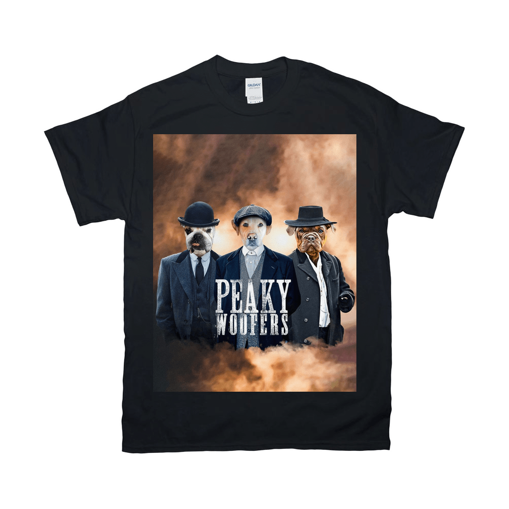 Black Gildan t-shirt featuring three personalized pet portraits dressed as "Peaky Woofers" in suits and hats.
