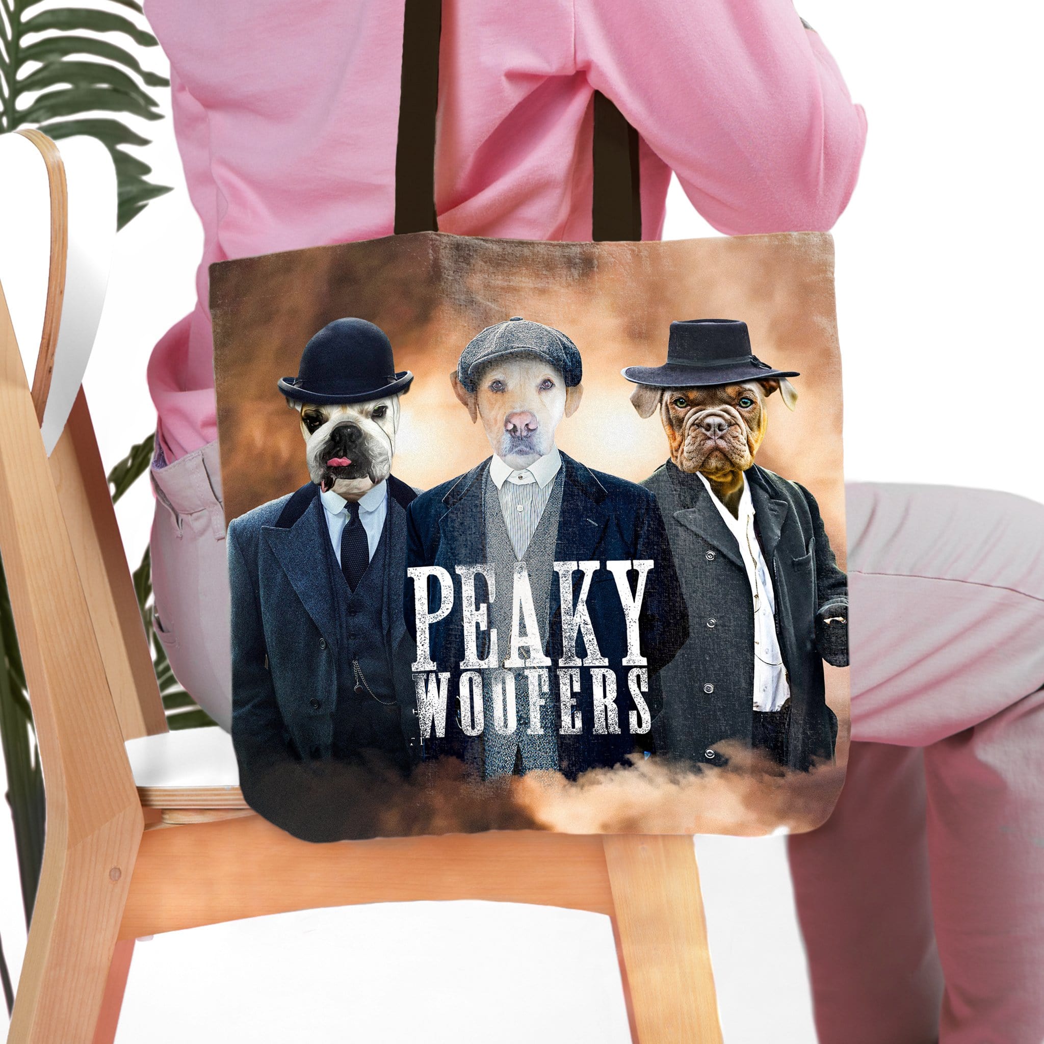 Personalized 'Peaky Woofers' tote bag with three custom pet portraits in vintage suits.