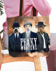 Personalized 'Peaky Woofers' tote bag with three custom pet portraits in vintage suits.