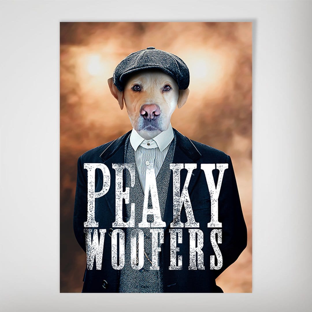 Personalized "Peaky Woofers" poster featuring a dog's head on a character wearing a flat cap and suit.