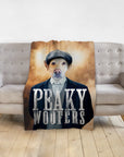Personalized 'Peaky Woofers' pet blanket with a dog in a suit and flat cap.