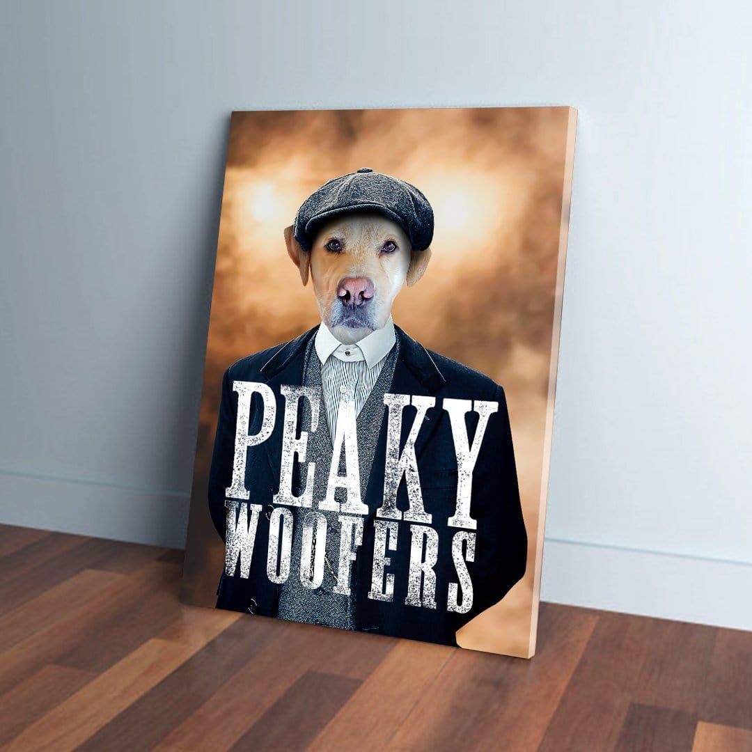 Custom 'Peaky Woofers' pet canvas featuring a dog in a black suit and flat cap.