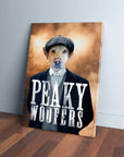 Custom 'Peaky Woofers' pet canvas featuring a dog in a black suit and flat cap.