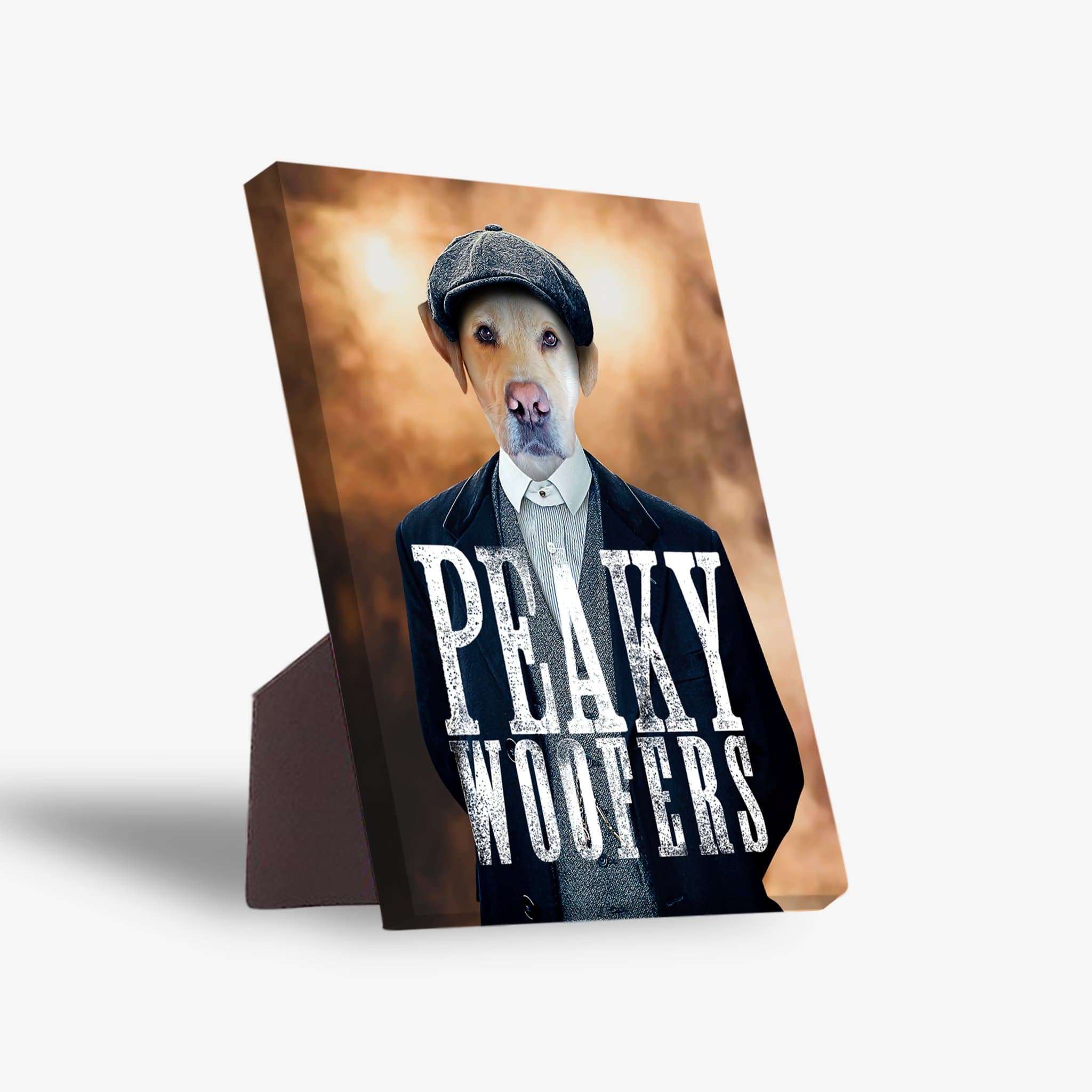 Personalized "Peaky Woofers" pet standing canvas featuring a dog in a flat cap and suit, with a sturdy back stand.