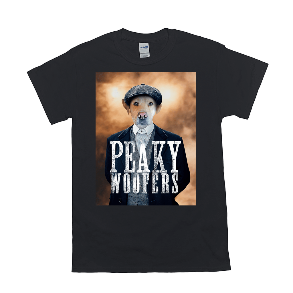 Black Gildan t-shirt with a personalized "Peaky Woofers" design featuring a dog in a suit and flat cap.