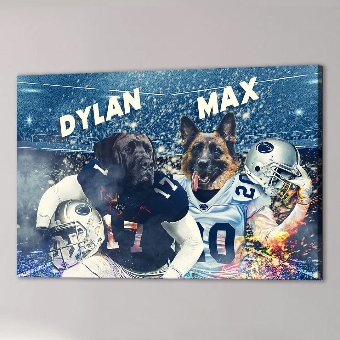 Custom Penn State Doggos canvas featuring two pets in football uniforms with names "Dylan" and "Max.