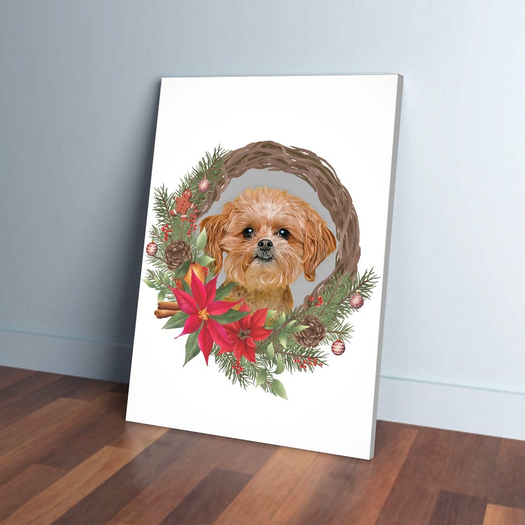 Custom pet portrait canvas featuring a cute dog in a festive Christmas wreath with red poinsettias.