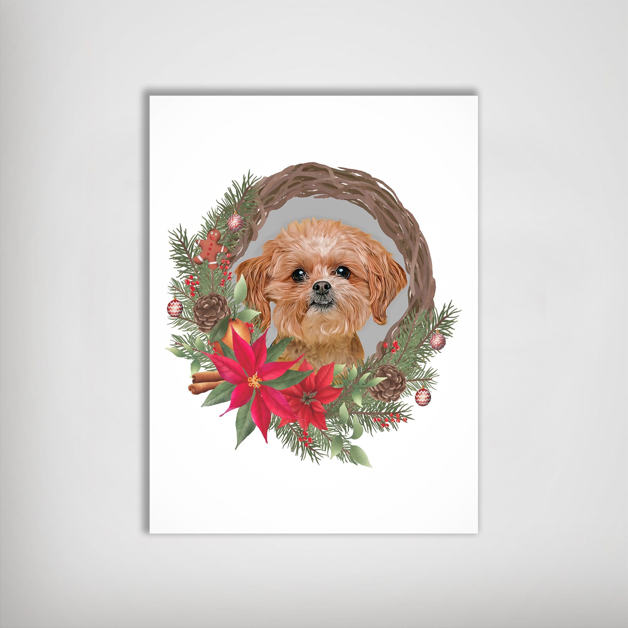Personalized Christmas Wreath Pet Poster featuring a cute brown dog surrounded by festive evergreens and red poinsettias.