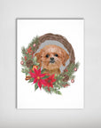Personalized Christmas Wreath Pet Poster featuring a cute brown dog surrounded by festive evergreens and red poinsettias.