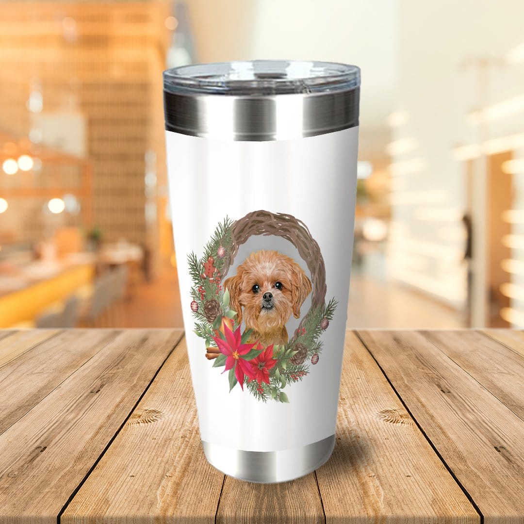 Personalized white stainless steel tumbler with a custom dog portrait in a Christmas wreath design.
