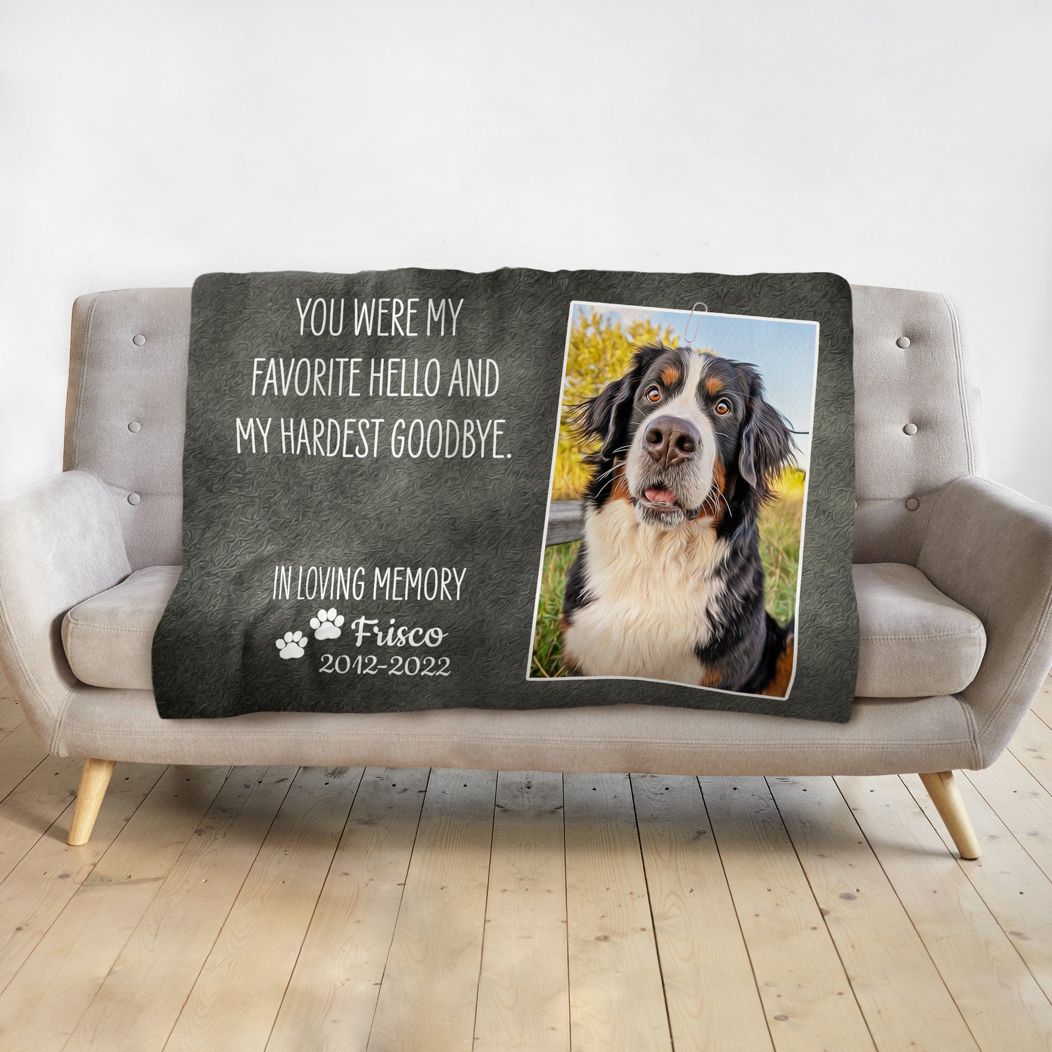 Personalized memorial pet blanket with a Bernese Mountain Dog portrait and "In Loving Memory" text.