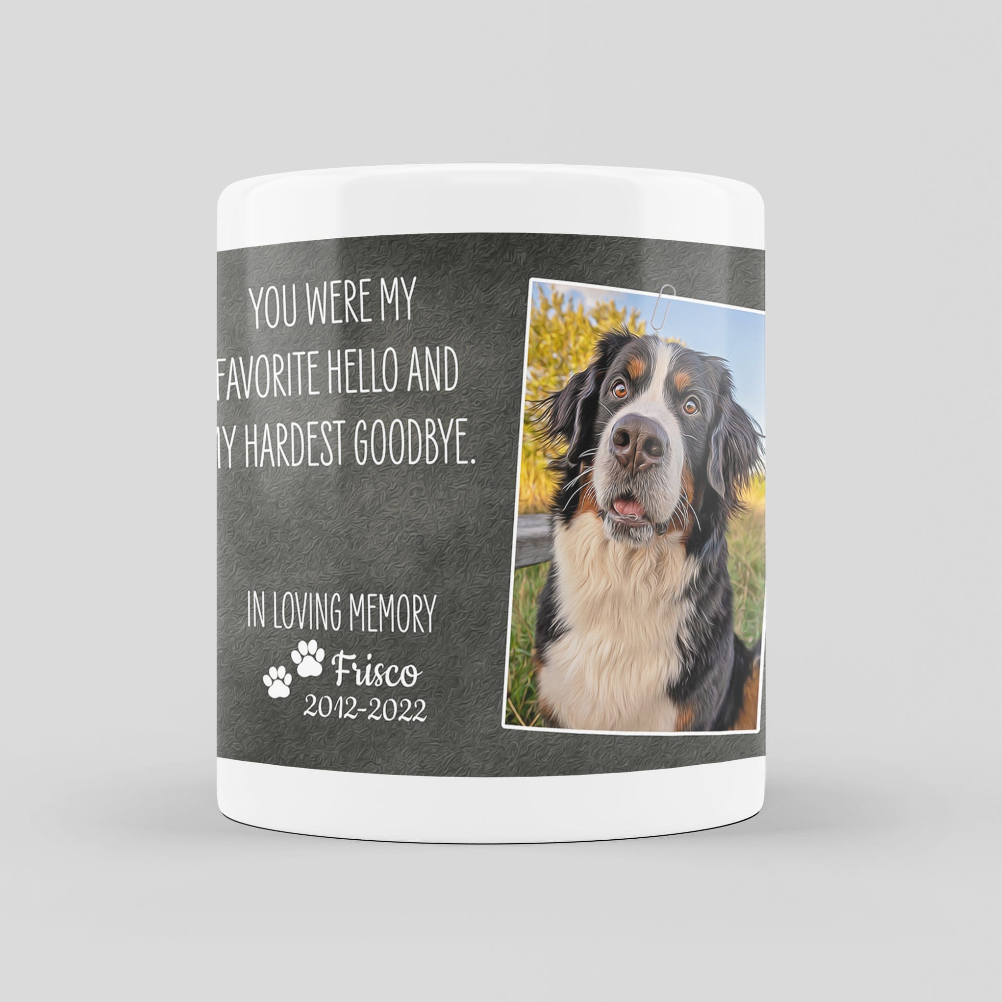 Personalized memorial pet mug with a Bernese Mountain Dog photo and "Favorite Hello, Hardest Goodbye" text.