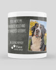 Personalized memorial pet mug with a Bernese Mountain Dog photo and "Favorite Hello, Hardest Goodbye" text.