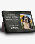Black personalized memorial pet standing canvas with a Bernese Mountain Dog photo, "Frisco 2012-2022" and paw prints.
