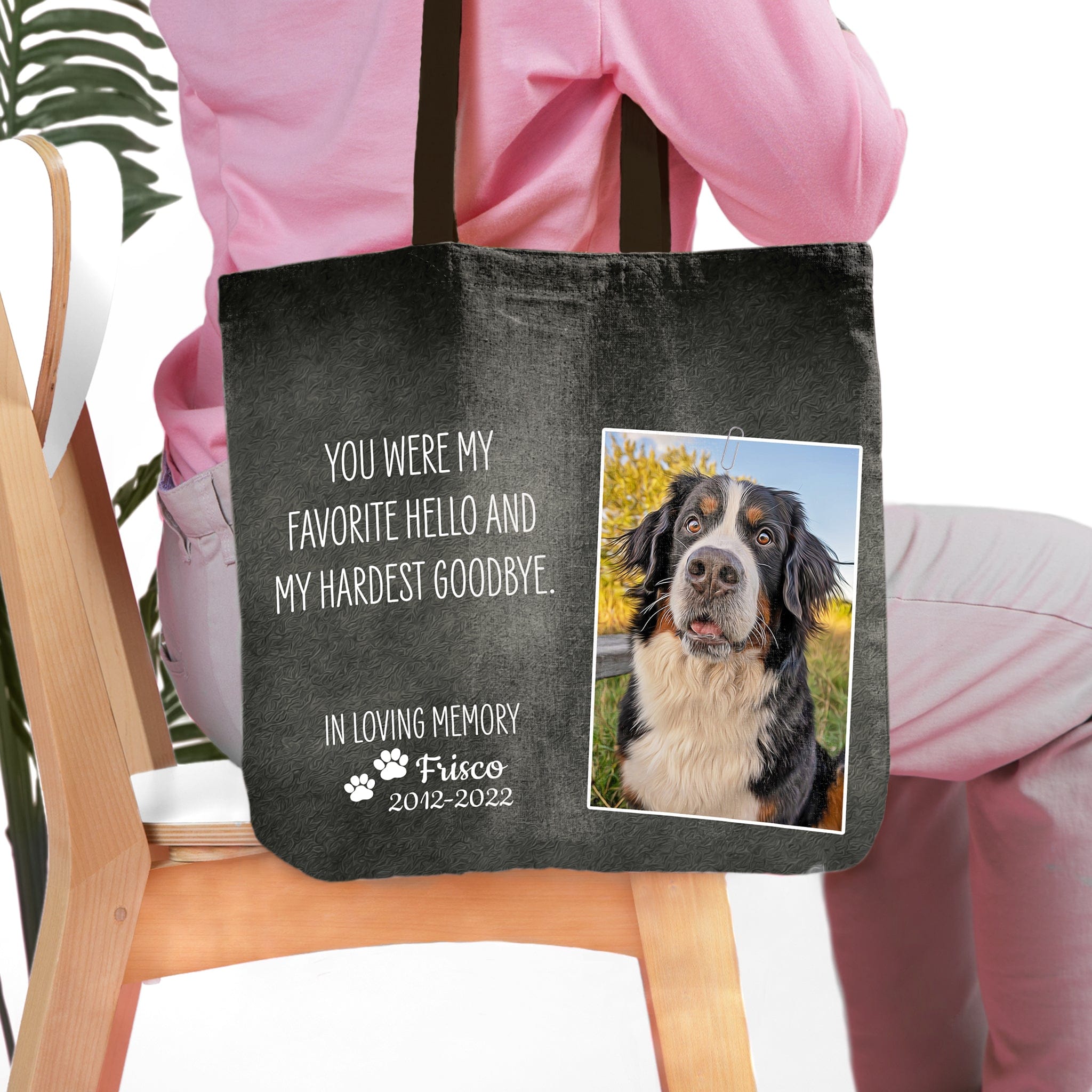 Personalized memorial pet tote bag with a Bernese Mountain Dog portrait and "YOU WERE MY FAVORITE HELLO" text.