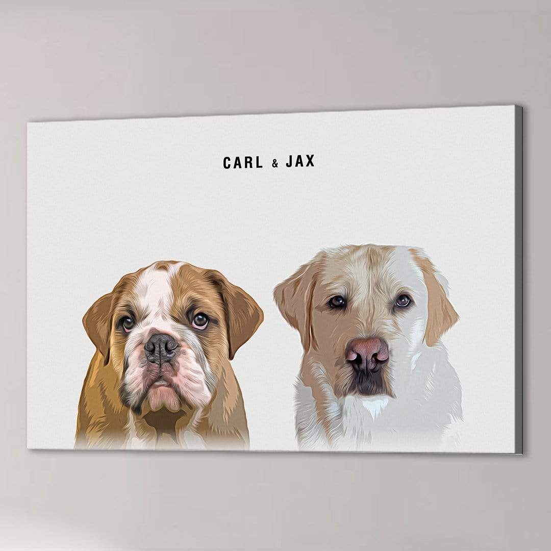 Modern custom canvas art featuring two pets, a brown and white bulldog and a cream labrador, with "CARL &amp; JAX" text.