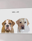 Modern custom canvas art featuring two pets, a brown and white bulldog and a cream labrador, with "CARL & JAX" text.