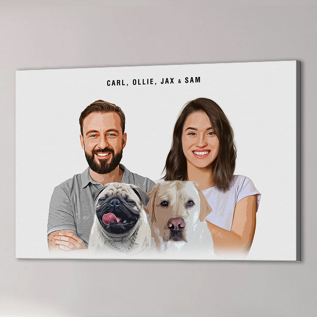Personalized modern canvas art of a smiling couple with a pug and a golden retriever.