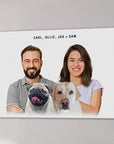Personalized modern canvas art of a smiling couple with a pug and a golden retriever.