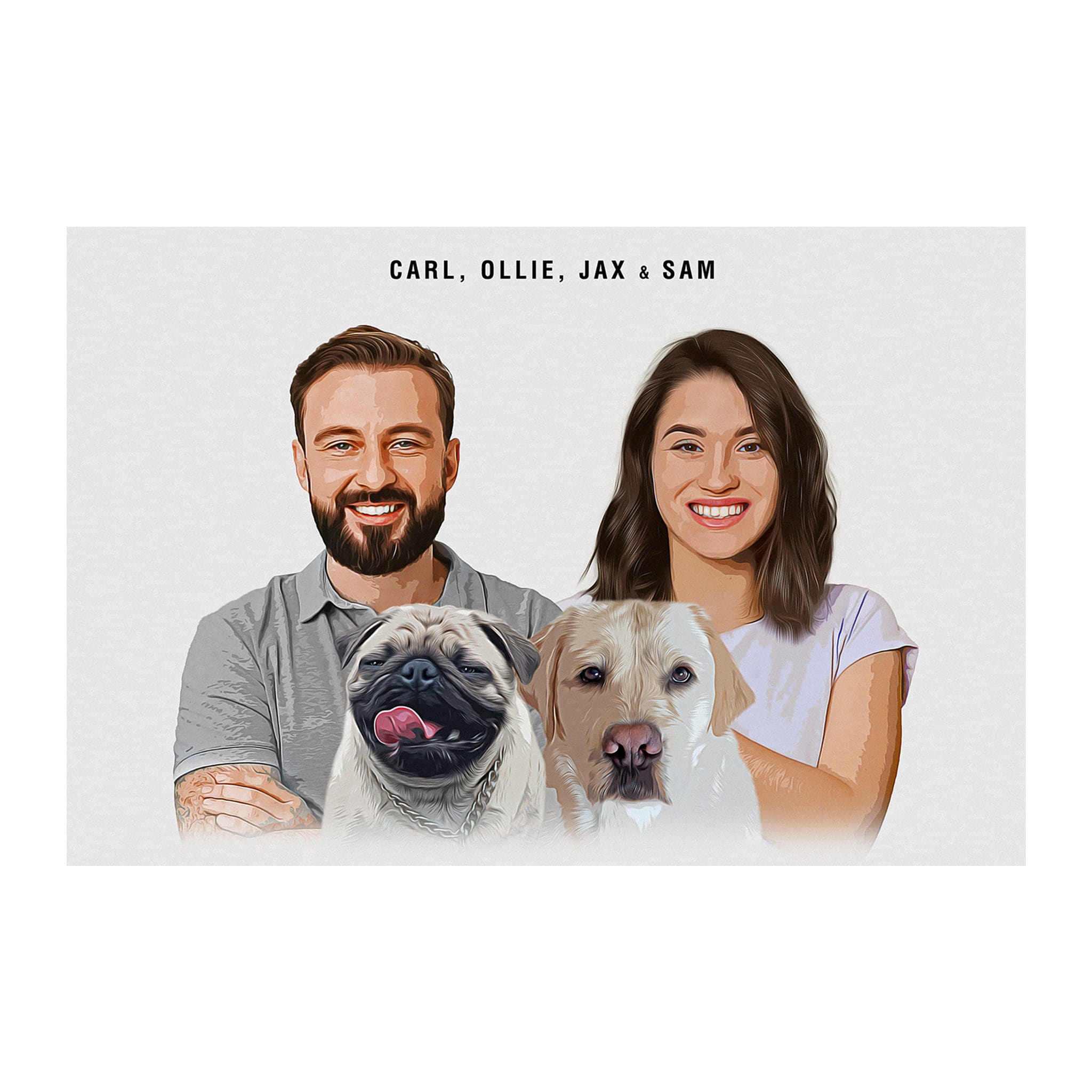 Personalized modern digital portrait of two humans, a pug, and a yellow lab.
