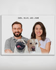Personalized modern matte poster featuring a man, woman, pug, and golden retriever with custom names.