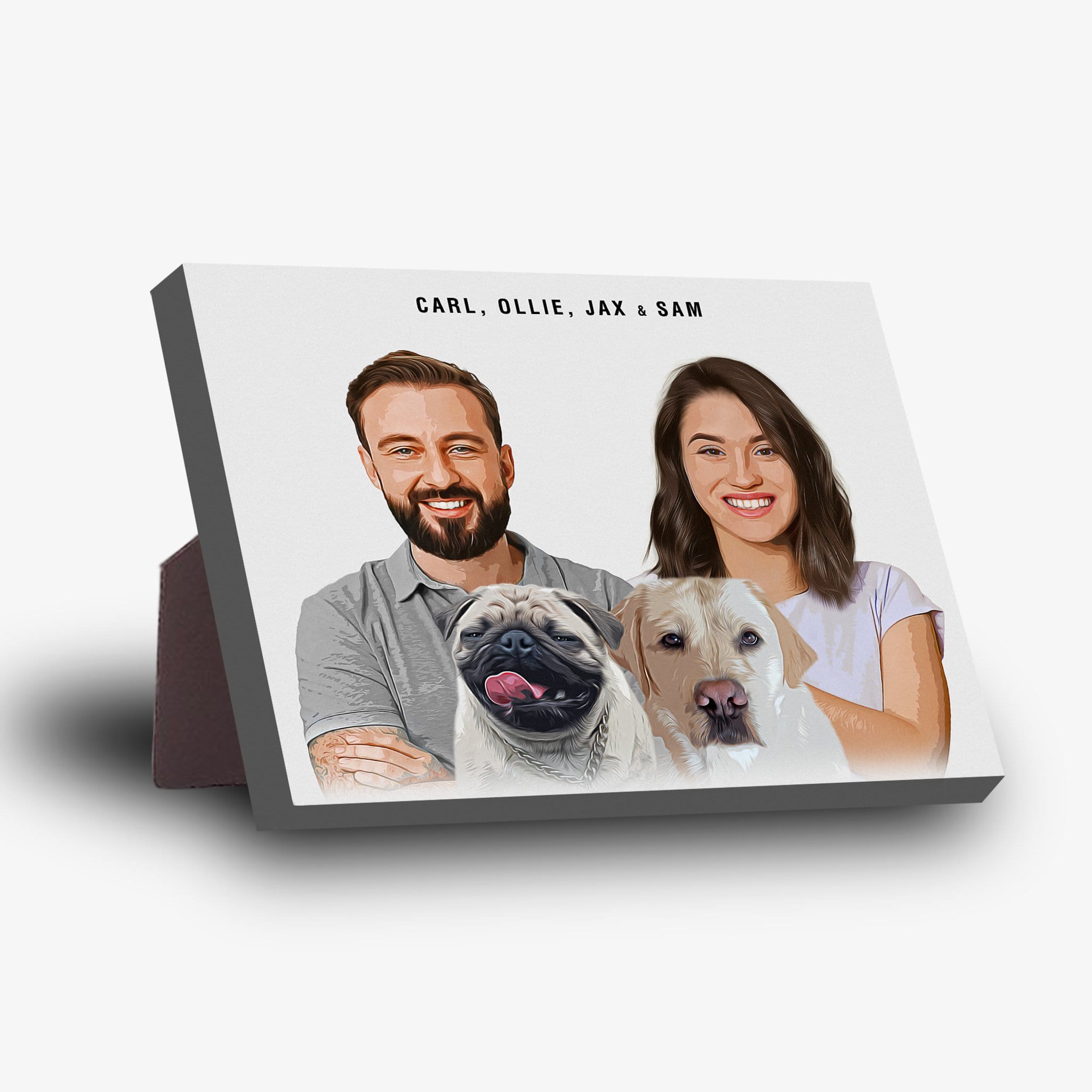 Personalized modern standing canvas with a couple, a pug, and a labrador portrait.