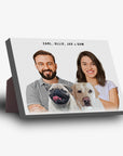 Personalized modern standing canvas with a couple, a pug, and a labrador portrait.