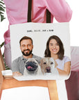 Personalized modern cartoon portrait tote bag with two humans, a pug, and a golden retriever.