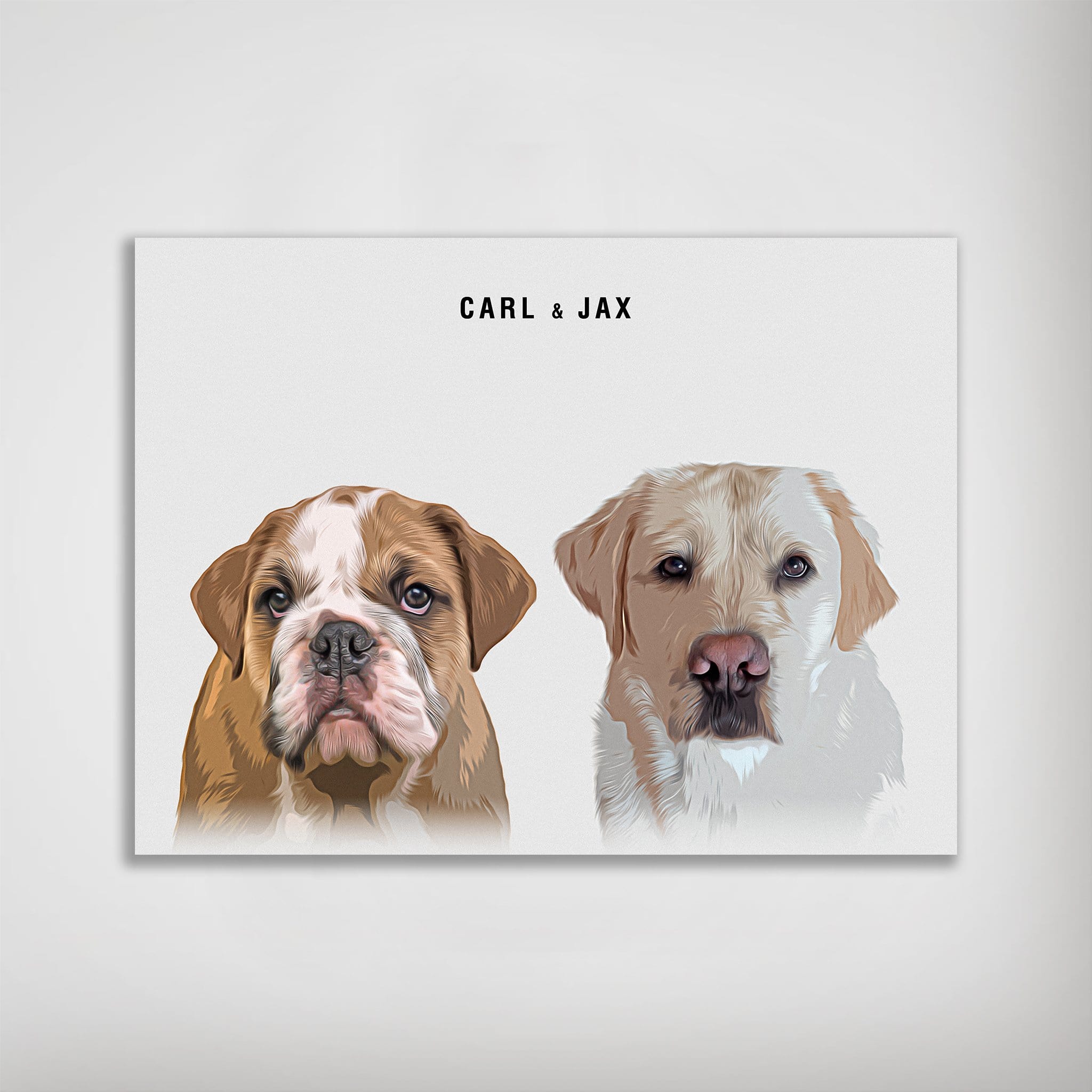 Personalized modern matte poster featuring custom art of a brown bulldog and a yellow lab, with "CARL & JAX" text.