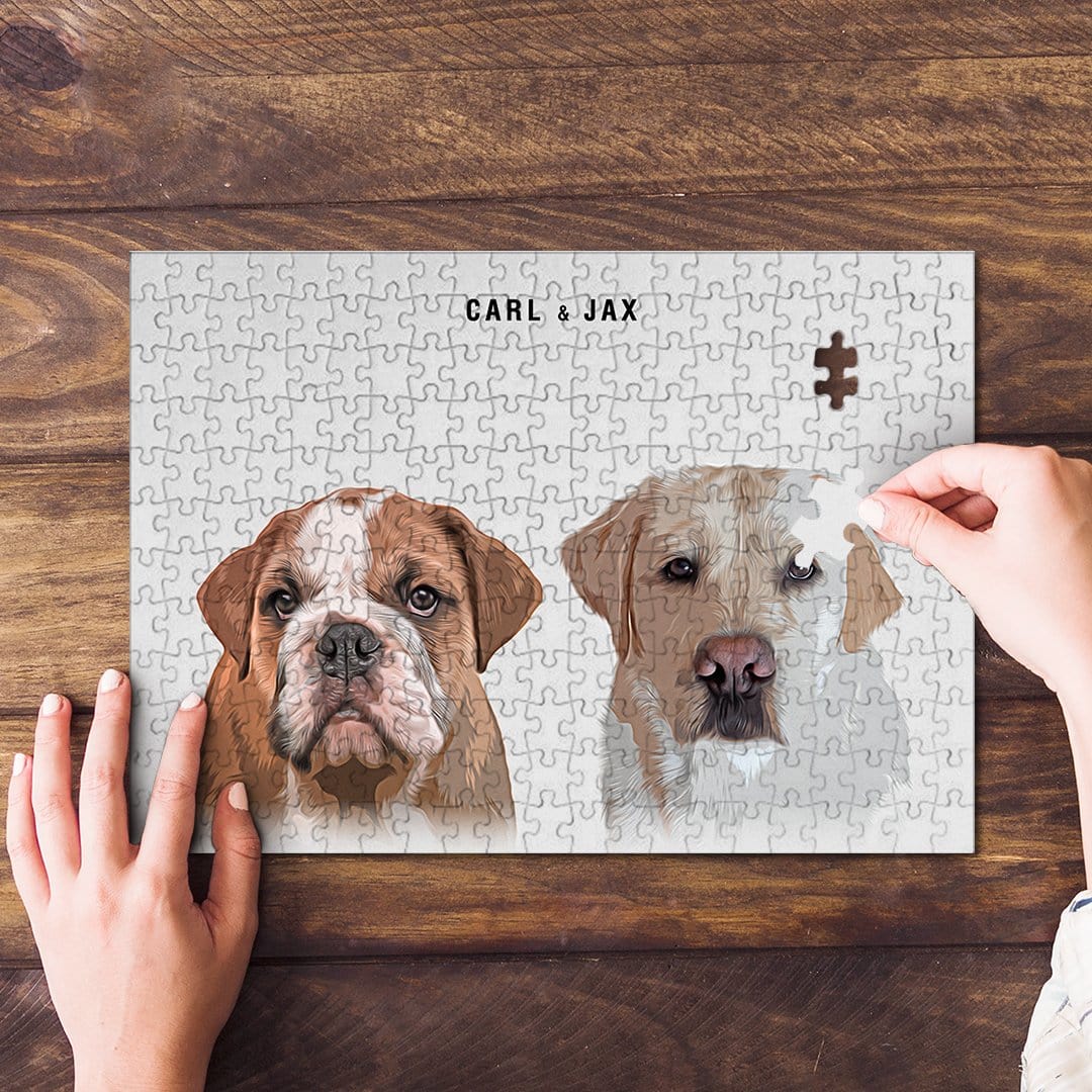 Personalized modern 2 pet puzzle featuring custom portraits of a bulldog and a labrador, with names "CARL &amp; JAX".