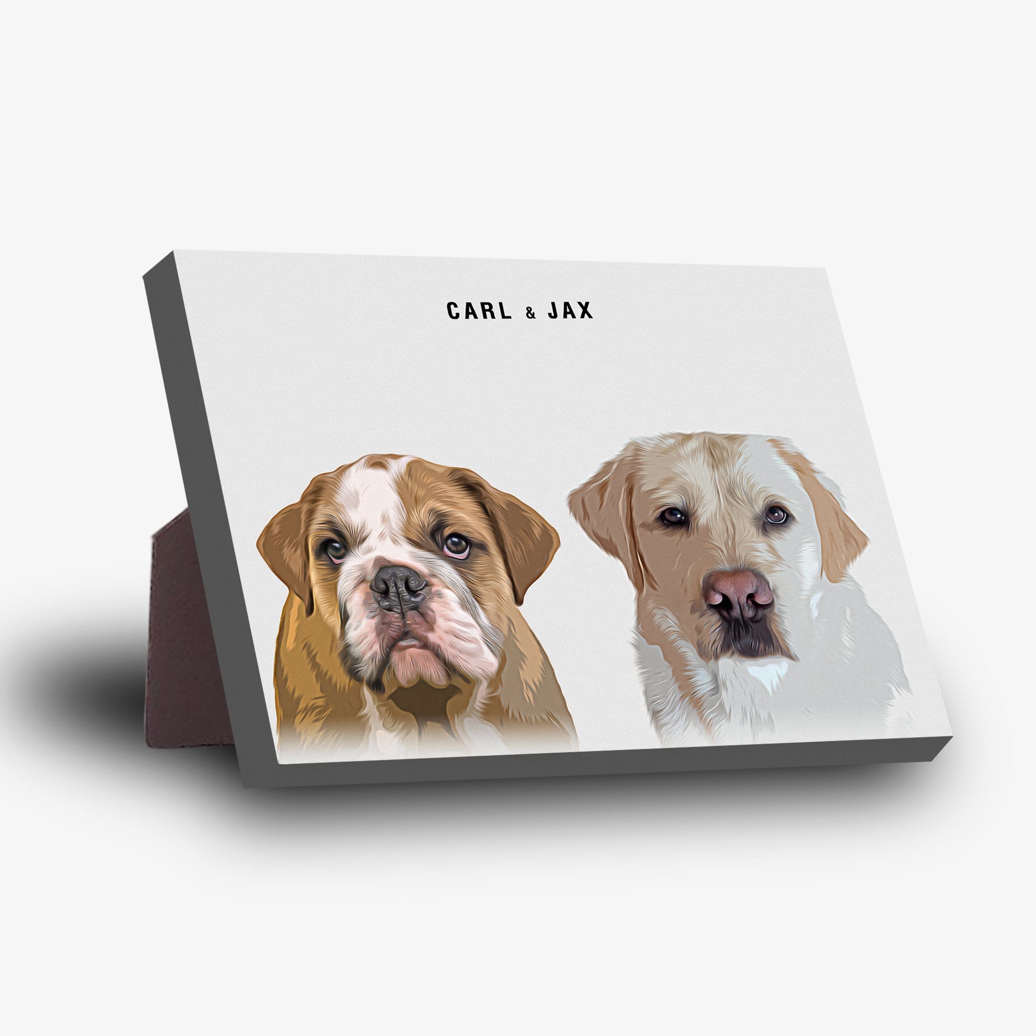 Personalized modern 2 pet standing canvas featuring a bulldog and a labrador portrait with "CARL & JAX" text.
