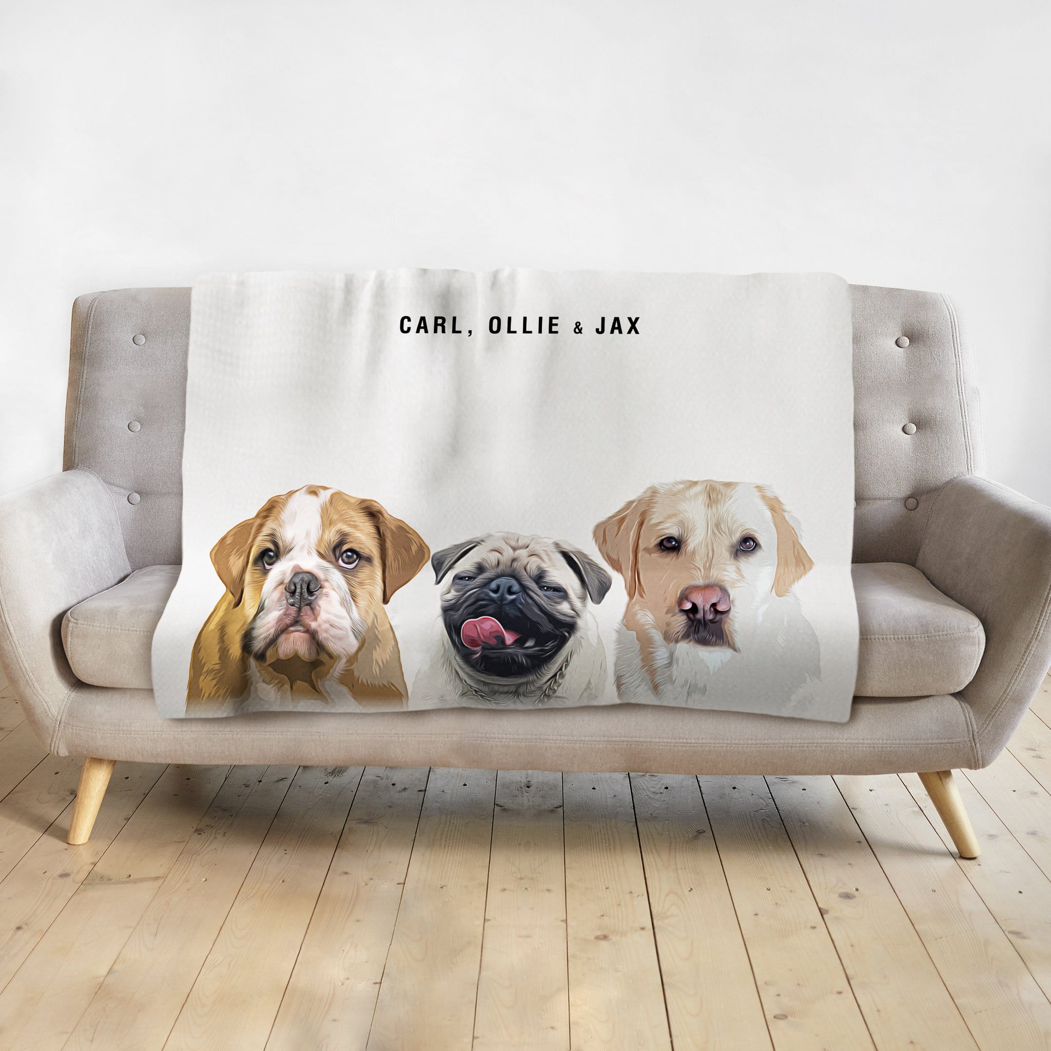 Personalized modern pet portrait blanket with a bulldog, pug, and golden retriever, named Carl, Ollie & Jax.