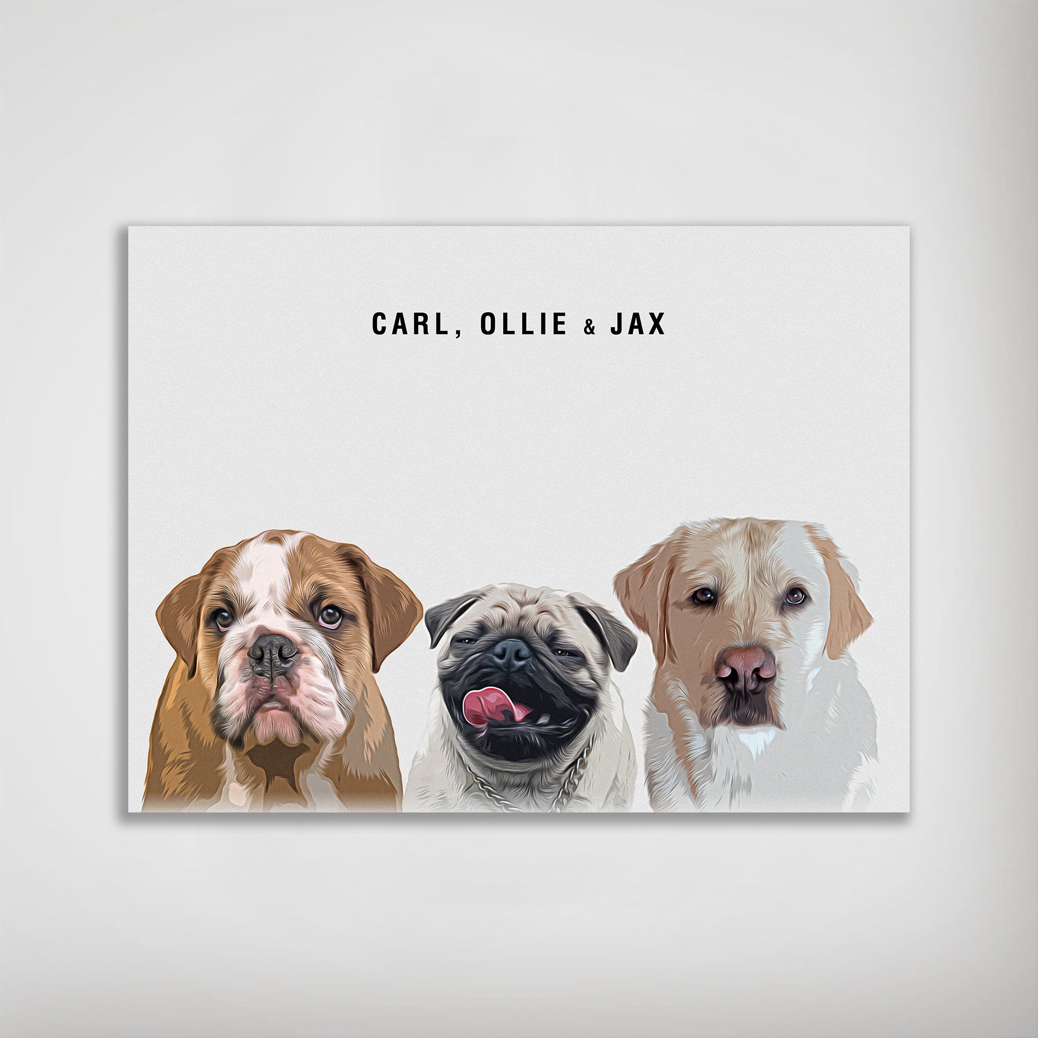 Personalized modern 3 pet poster featuring a bulldog, pug, and labrador with names "Carl, Ollie & Jax" on a white matte background.