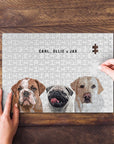 Personalized modern 3 pet puzzle featuring custom dog portraits on a white background.