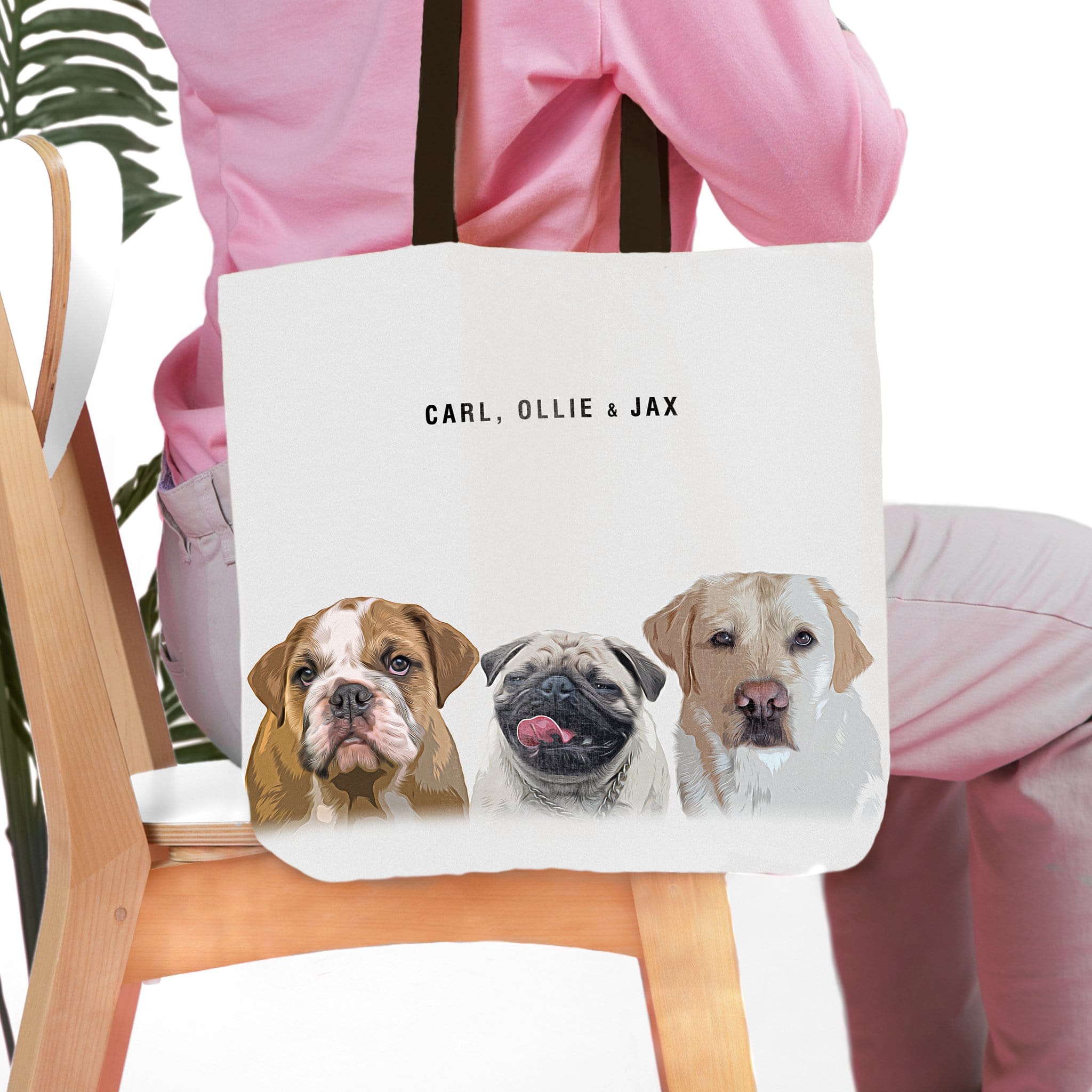 Personalized Modern 3 Pet Tote Bag with custom dog portraits and names.