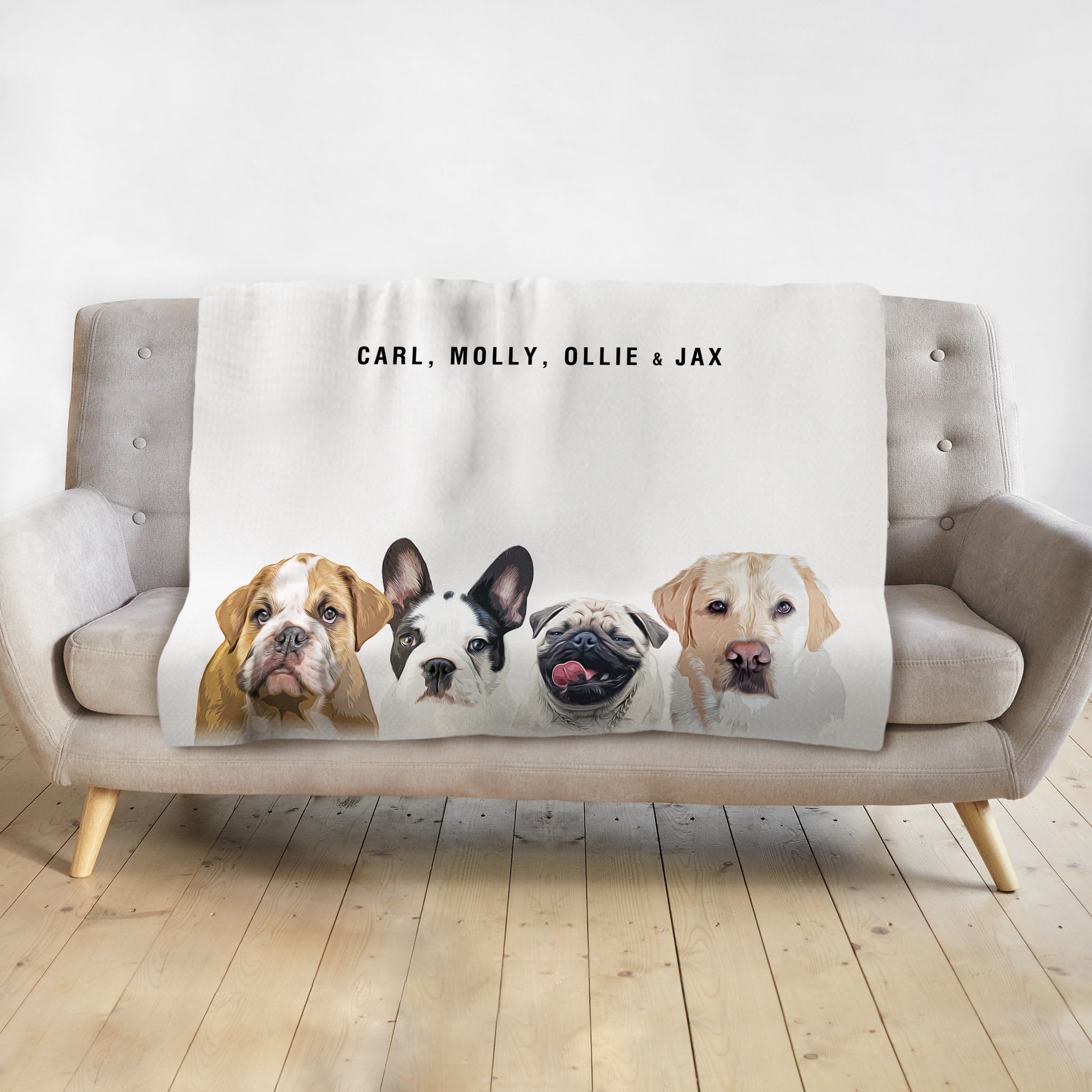 Personalized white blanket with watercolor portraits of four dogs and custom names.