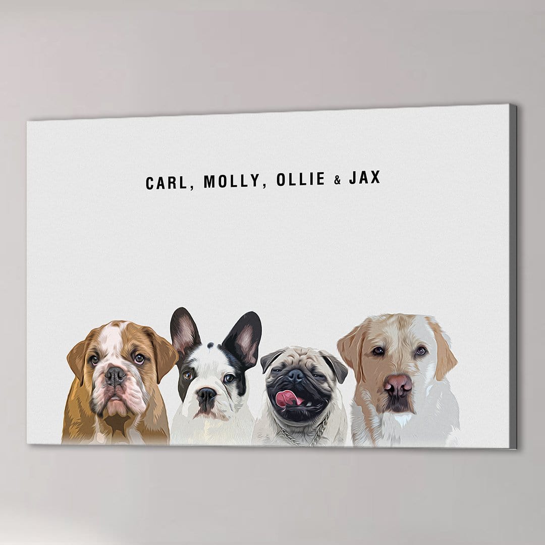 Personalized Modern 4 Pet Canvas featuring custom pet portraits of a bulldog, French bulldog, pug, and golden retriever.