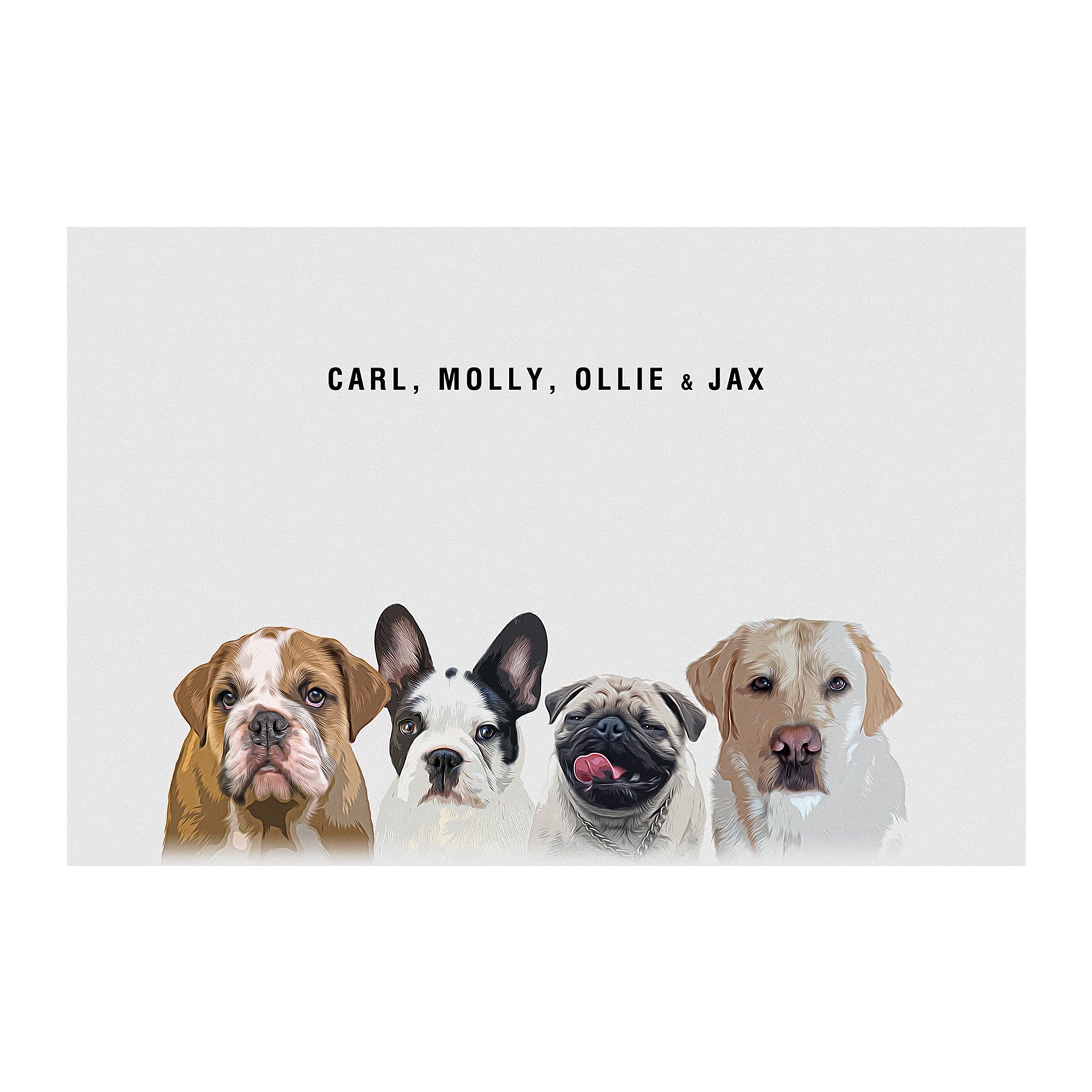 Personalized modern digital portrait featuring four pets: bulldog, French bulldog, pug, and labrador.
