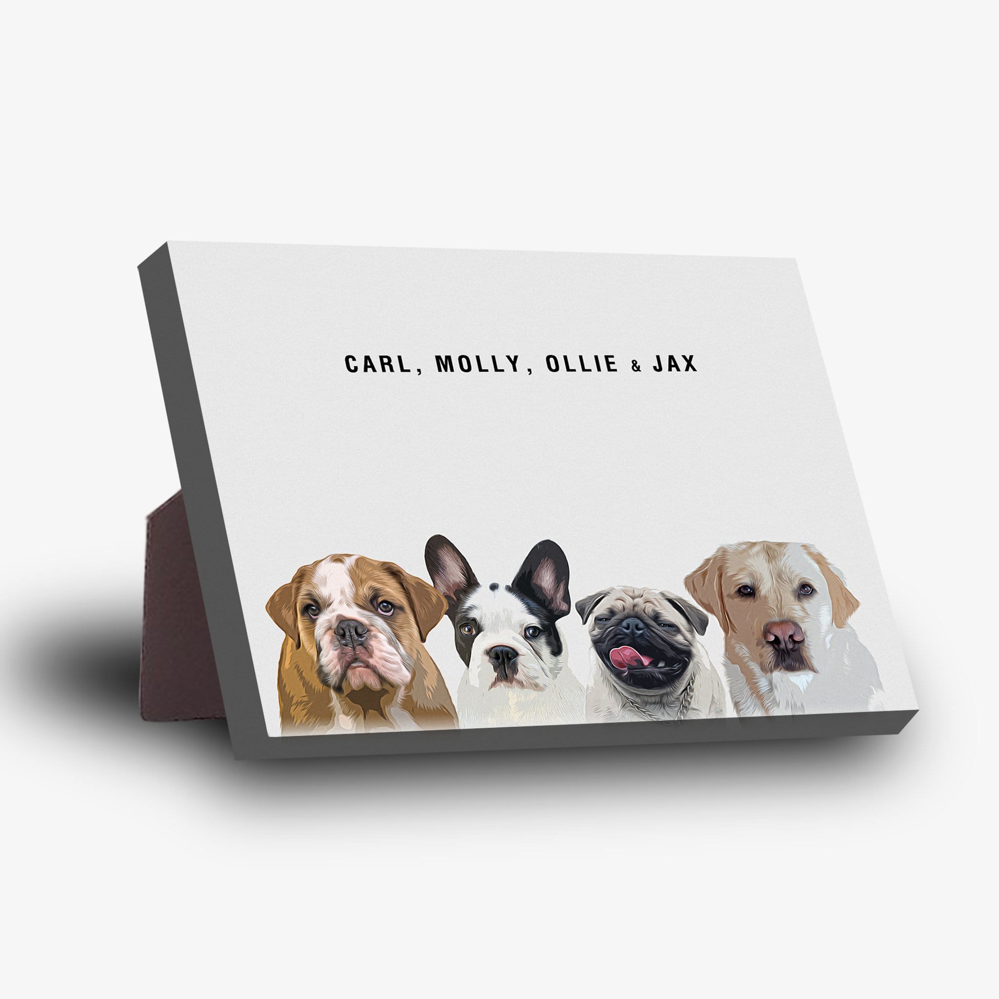 Personalized modern standing canvas featuring four pet portraits and names on a white background.