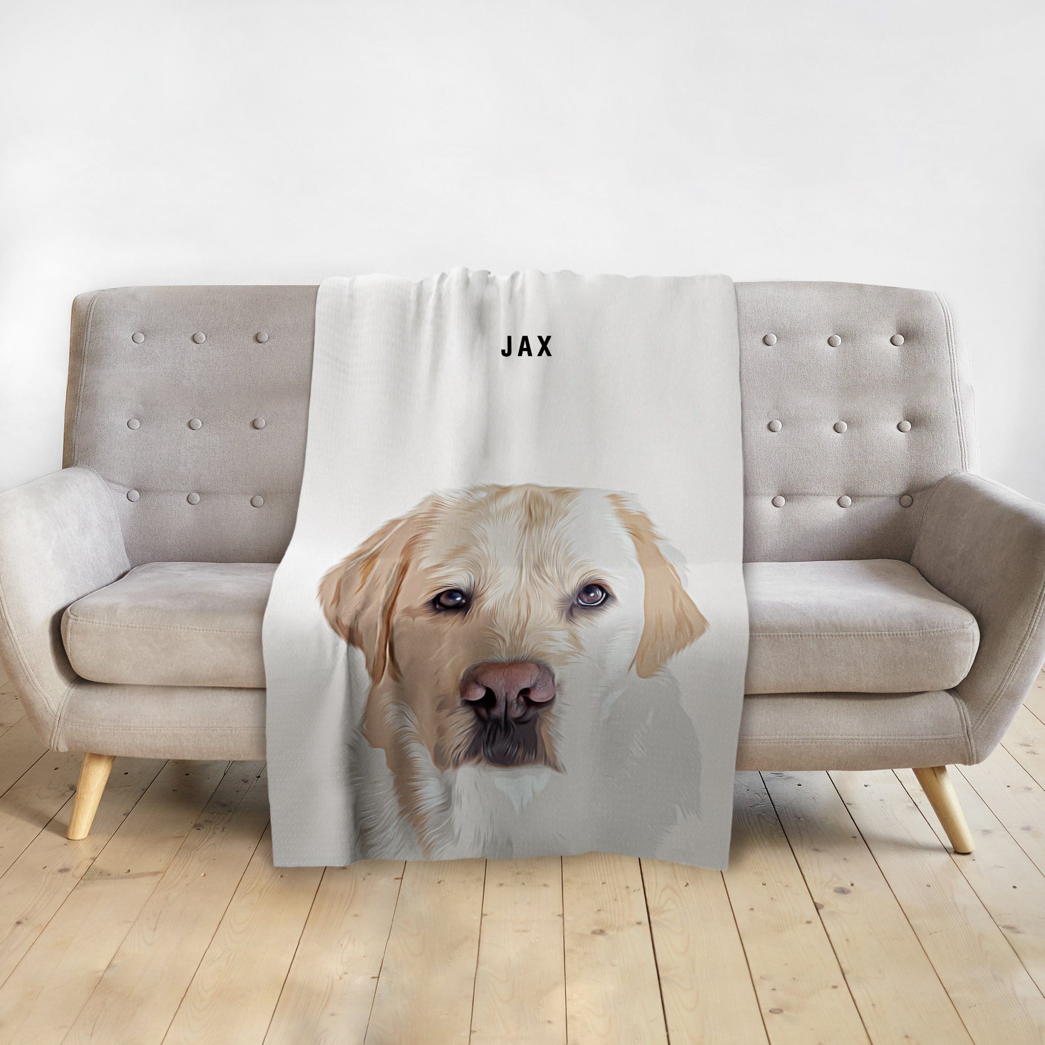 Personalized white minky blanket with a custom watercolor portrait of a yellow labrador dog and "JAX" text.