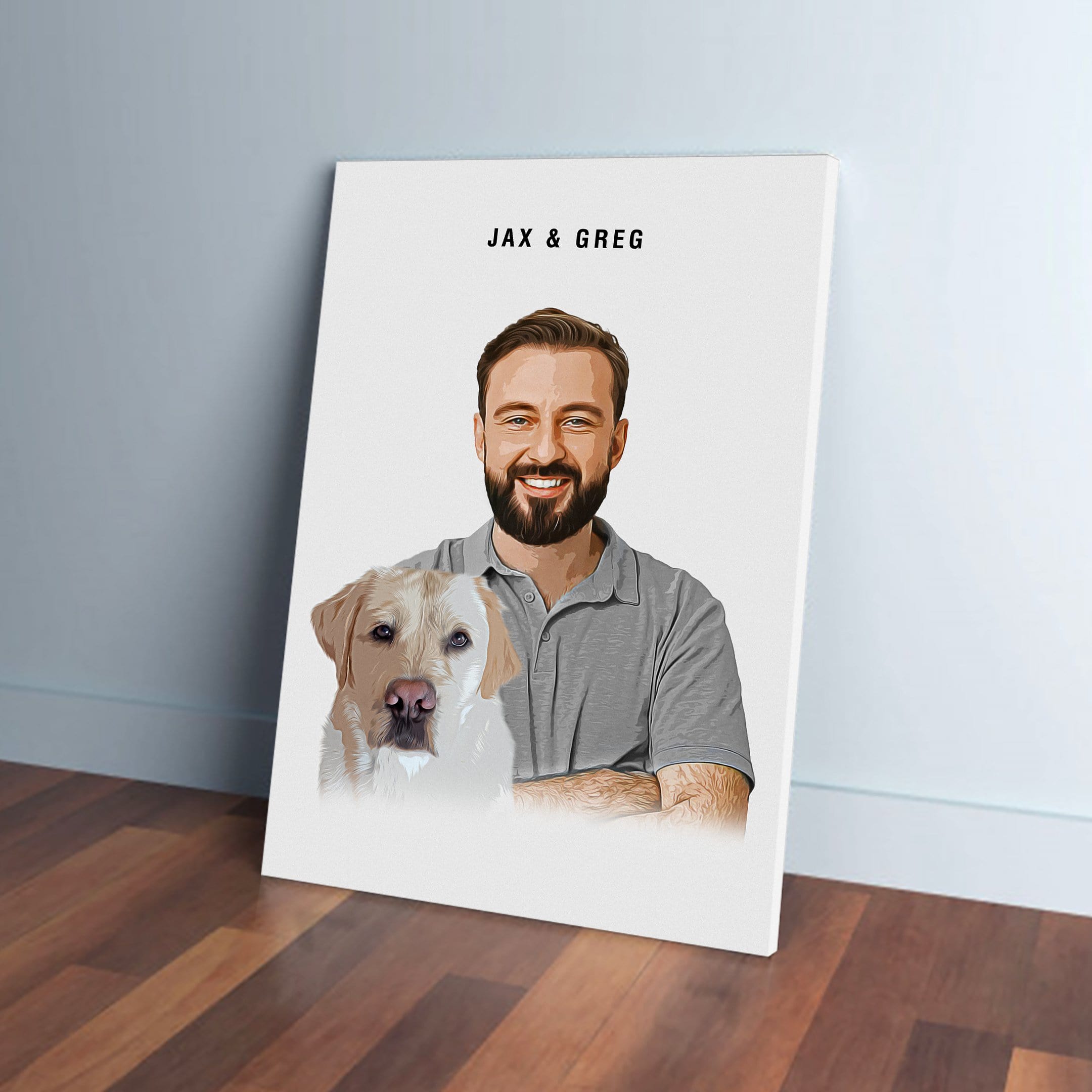 Personalized modern pet and human canvas featuring a man and a yellow lab, titled "JAX & GREG".