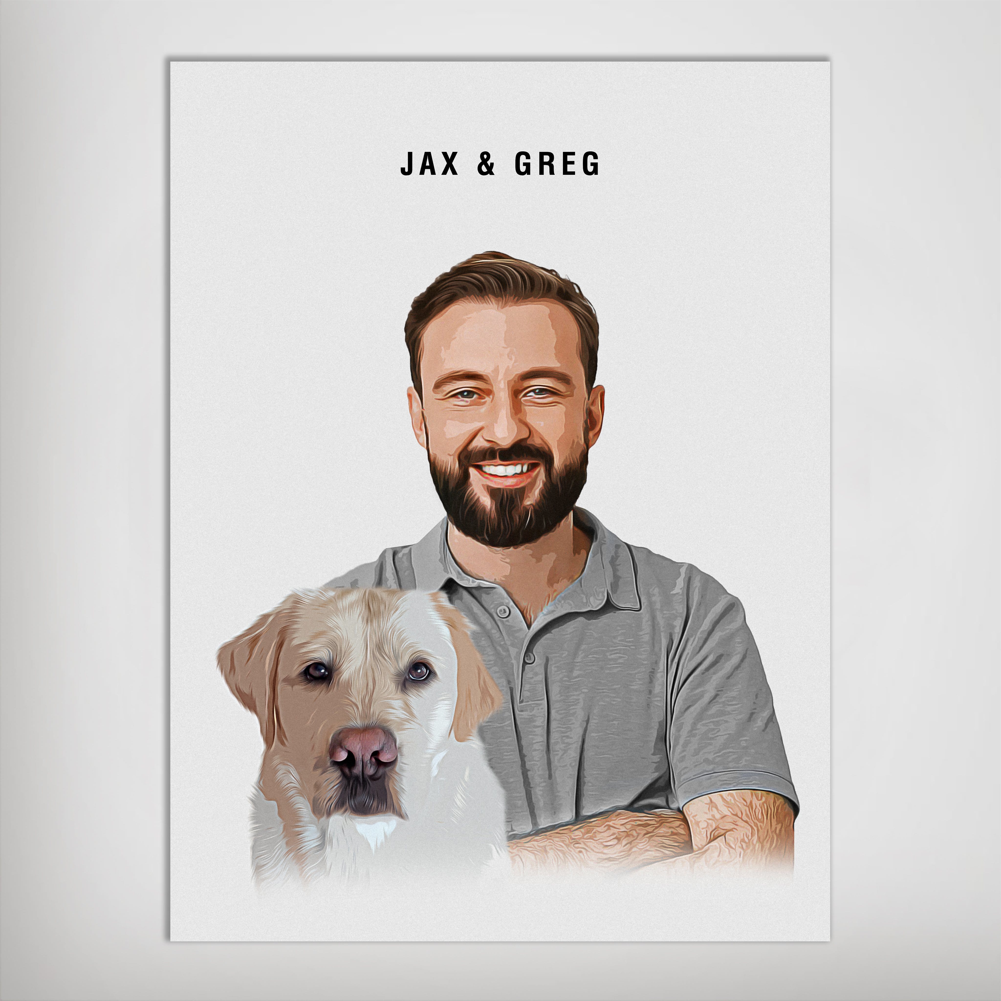 Personalized modern matte poster featuring a smiling man and a yellow lab, titled "JAX & GREG".